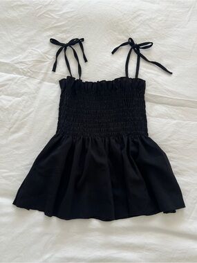 Black Smocked Tie-Strap Babydoll Top